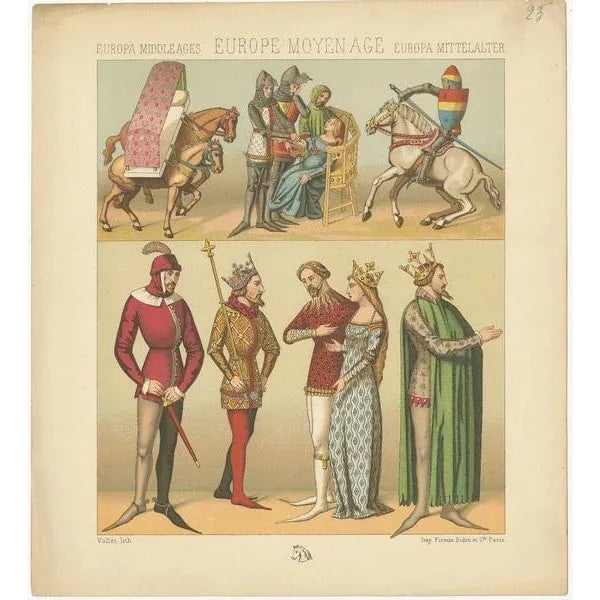 Antique print titled 'Europa Middle Ages - Europe Moyen Age - Europa Mittelalter'. Chromolithograph of European Middle...