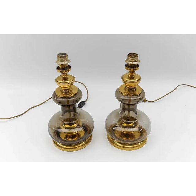 Mid-Century Modern Mid-Century Modern Brass and Smoked Glass Table Lamp Bases, Germany, 1960s, Set of 2 For Sale - Image 3 of 13