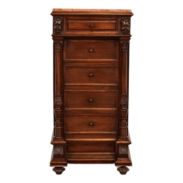 Antique Italian Renaissance Revival Carved Walnut and Marble Top Bedside Chest, Circa 1880s For Sale