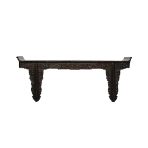 Chinese Vintage Dark Brown Dragon Carving Long Altar Console Table