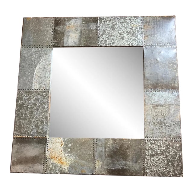 Industrial Reclaimed Metal Square Wall Mirror | Riveted Tin Frame | Rustic Modern Farmhouse Decor For Sale