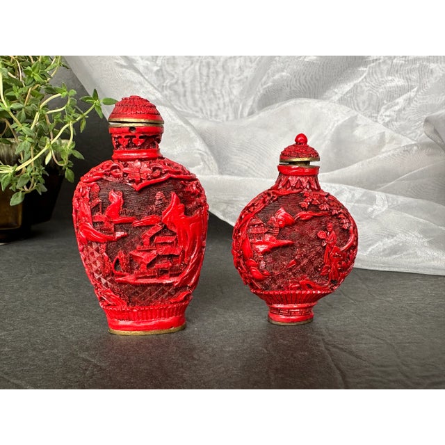 Late 19th Century Antique Chinese Cinnabar Snuff Bottles Set of 2 For Sale - Image 5 of 13