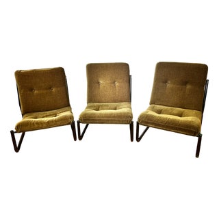 Bauhaus Black Steel and Green Upholstery Lounge Chairs, 1970s, Set of 3 For Sale