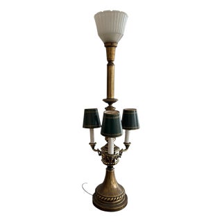 Vintage Brass Torchiere and Candelabra Table Lamp with Green Shades For Sale