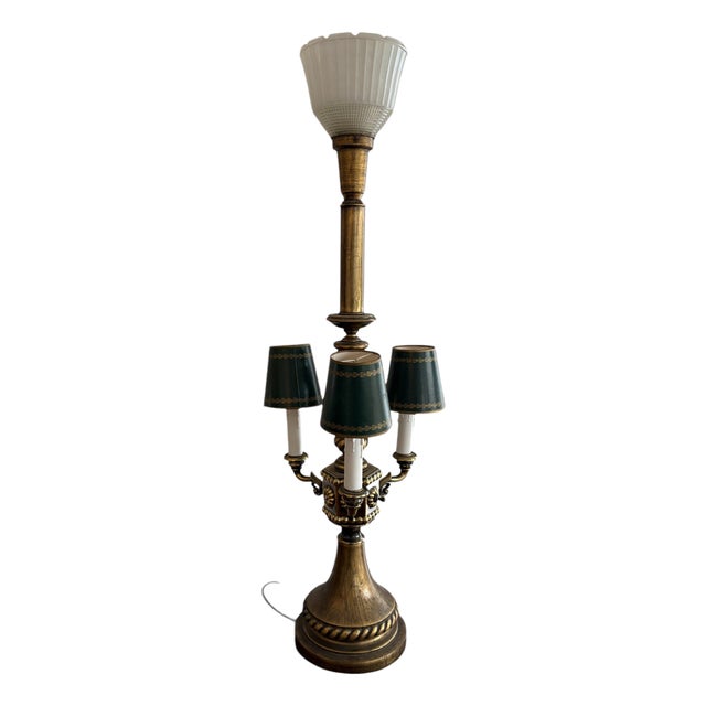 Vintage Brass Torchiere and Candelabra Table Lamp with Green Shades For Sale