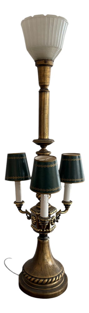 Vintage Brass Torchiere and Candelabra Table Lamp with Green Shades