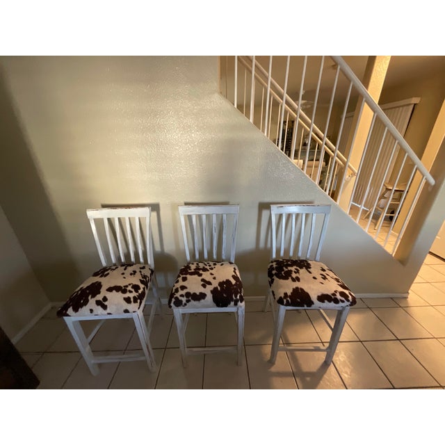 Rustic Farmhouse Whitewash Bar Stools W/ Cowhide Upholstered Seats Set of 3 For Sale - Image 10 of 12