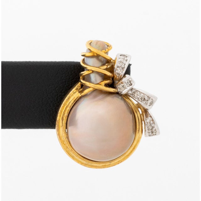 Contemporary Two-Tone Gold, Diamond, and Pearl Earrings For Sale - Image 3 of 7