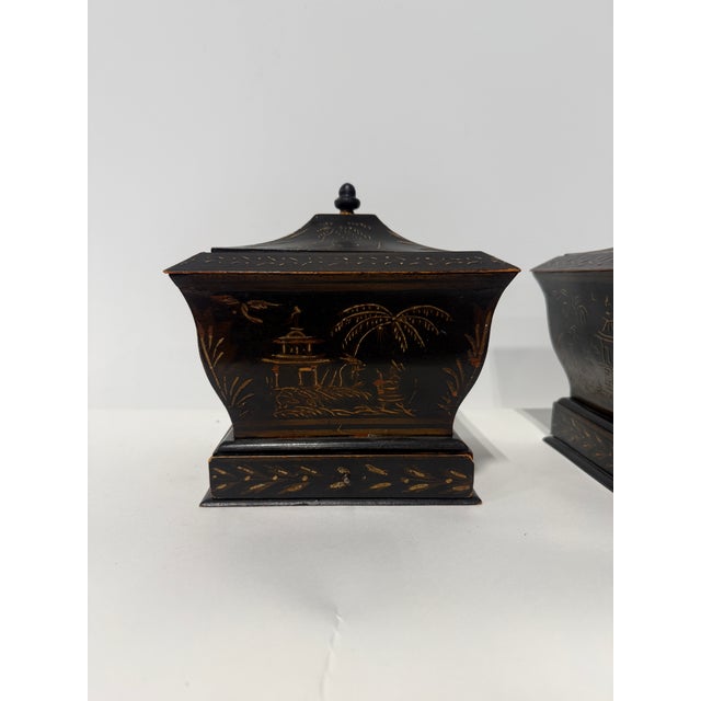 Early 19th Century Pair, Japanned Chinoiserie Tea Caddies W/ Sifter Drawers, English C. 1830 For Sale - Image 5 of 12