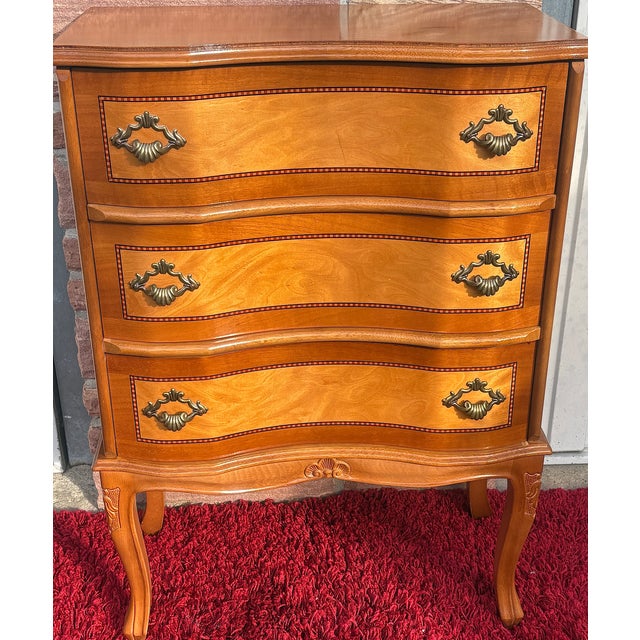 Vintage Wood Three-Drawer Inlaid Chest of Drawers, 1970s, in Very Good conditions. Designed 1970 to 1979 I have official...