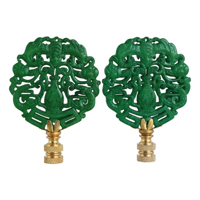 Chinese Pear Form Vase Lamp Finials on Brass Hardware - A Matching Pair For Sale
