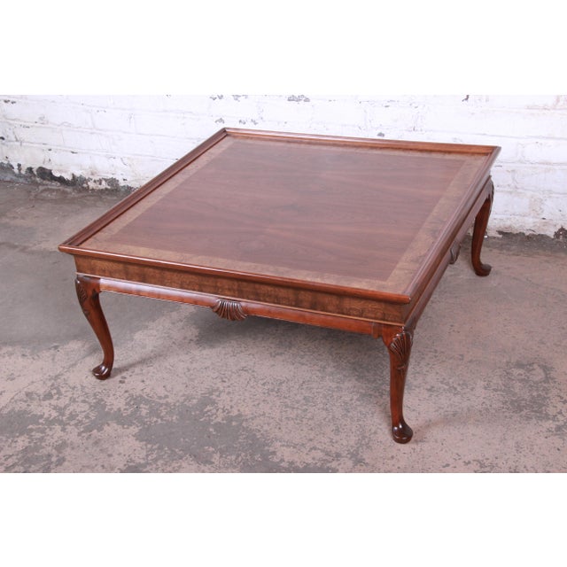 Baker Furniture Queen Anne Walnut and Burl Wood Large Square Coffee Table, Newly Refinished