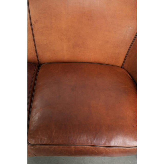 Sheepskin 2-Seater Sofa with Warm Cognac Brown Color Scheme and Finish with Black Piping For Sale - Image 6 of 15