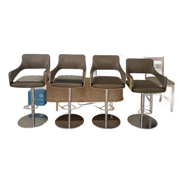 Set of 4 - I4Mariani Silhouette Bar Stools | Italian Designer | Leather, Oak, Chrome For Sale