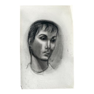 Mid Century Black and White Charcoal Portrait Drawing of a Woman With Short Hair - Signed For Sale