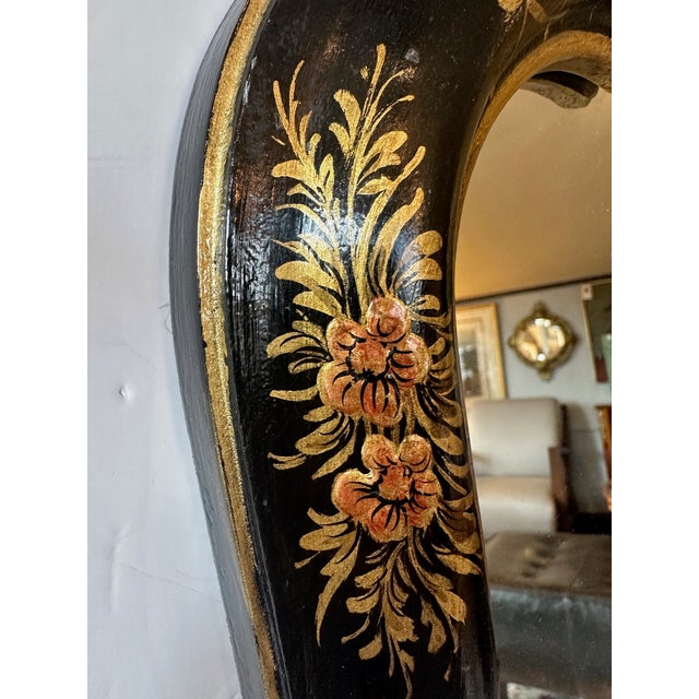 Chinoiserie Large Ebonized Hand Painted & Gilded Chinoiserie Wall Mirror For Sale - Image 3 of 13