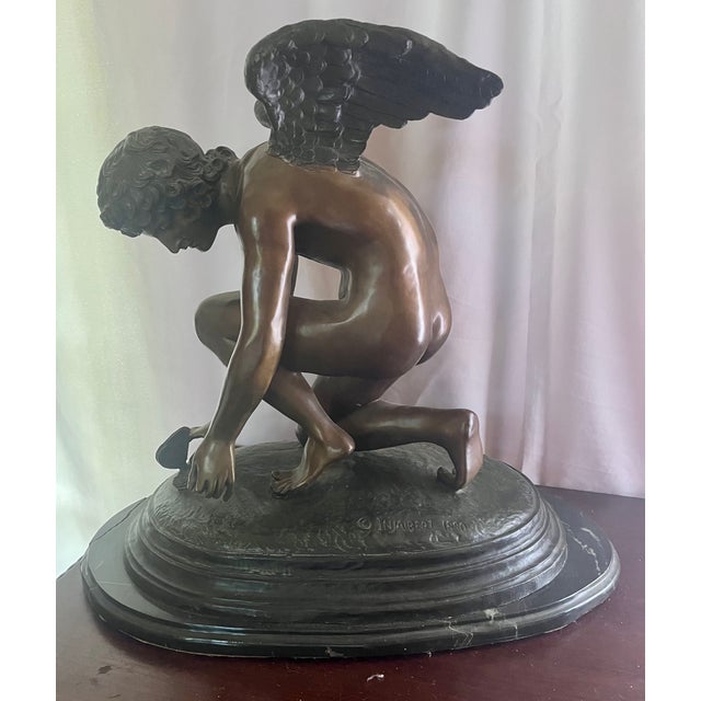 Metal Vintage Grand Scale Patinated Bronze "Cupid Playing With a Butterfly" After Injalbert 1890 For Sale - Image 7 of 18