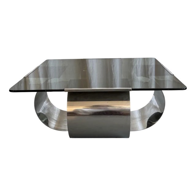 Mid-Century Modern Stainless Steel and Smoked Glass Coffee Table by Francois Monnet for Kappa, 1970s For Sale