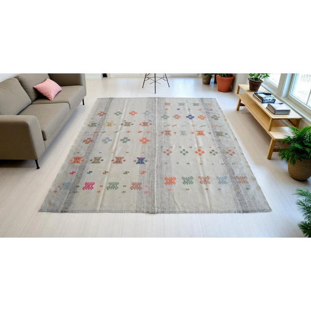 Mid-Century Modern Exceptional Vintage 1950s Turkish Rug Kilim With Jajim Embroidered Handmade Kilim 5'10" X 6'9" For Sale - Image 3 of 11