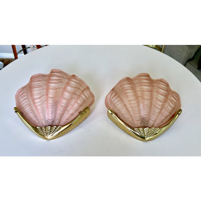 Art Deco Pair Art Deco Shell Clam Shaped Pink Glass Brass Wall Sconce For Sale - Image 3 of 18
