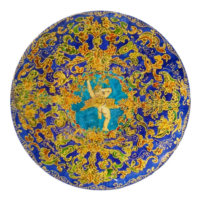 Vintage Spanish Hand Painted Cherub Display Charger For Sale