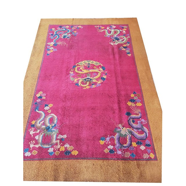 Art Deco 1920s Red Dragon Antique Chinese Art Deco Rug 6' X 8'9 Handknotted Wool Carpet For Sale - Image 3 of 6