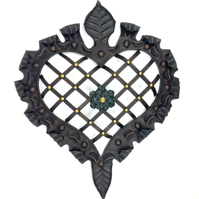 Hand-Forged Wrought Iron Heart Wall Decor (Ruffled Edge & Lattice Design) Antique Copper Finish For Sale - Image 9 of 9