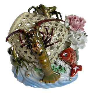 Mid-Century Chinese Porcelain Sea Life Openwork Basket Sculpture For Sale