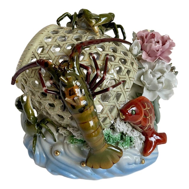 Mid-Century Chinese Porcelain Sea Life Openwork Basket Sculpture For Sale
