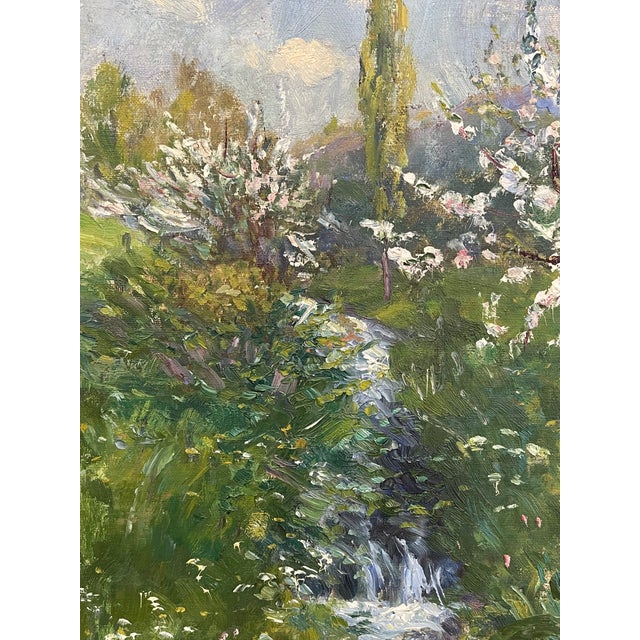 Wood Vintage Impressionist Spring Landscape Painting With Stream in Gilt Toned Frame - Signed For Sale - Image 7 of 10