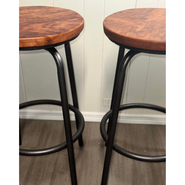 2020s Handcrafted Cherry Wood Bar Stools Barstools Chairs With Hammered Bronze Finish — A Pair For Sale - Image 5 of 7