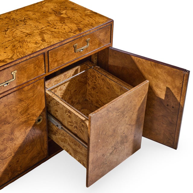 Brown John Widdicomb Mid Century Burlwood and Brass Campaign Credenza For Sale - Image 8 of 10