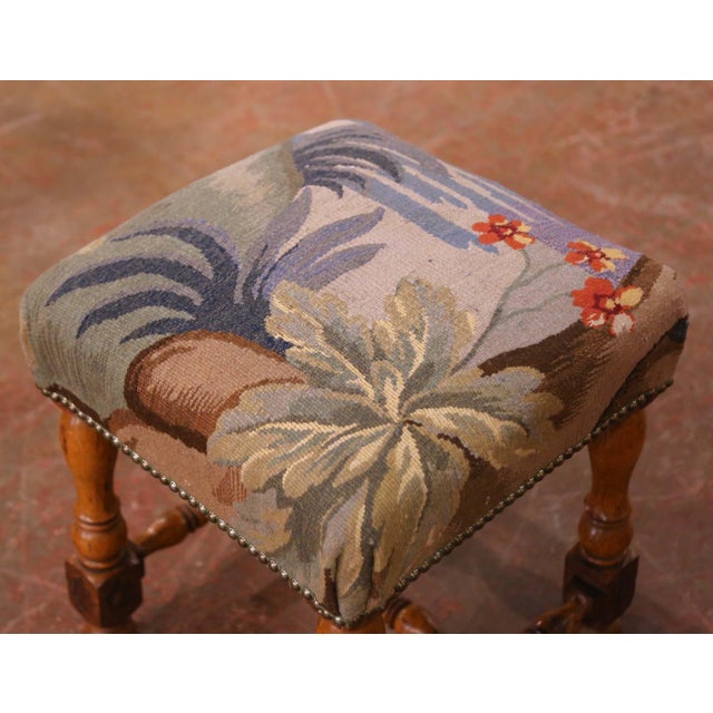 Pair of 19th Century French Louis XIII Walnut Stools With Aubusson Tapestry For Sale In Dallas - Image 6 of 12