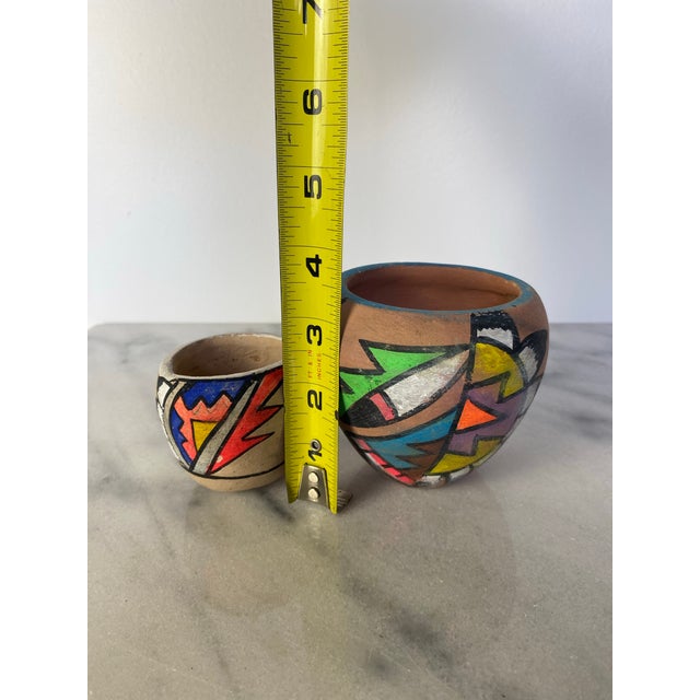 Pair of Mid-Century Handmade Tesuque Pueblo Pottery Vessels With Poster Paint Decoration, New Mexico For Sale In Seattle - Image 6 of 7