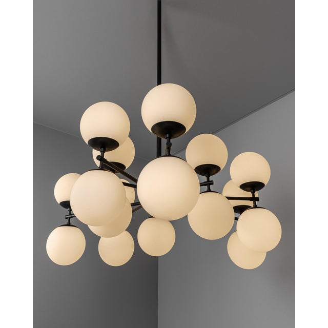 Zodiac 18-Light Contemporary Mirrored Glass Globe Chandelier - Brass, Gunmetal, Nickel, Opal Mat, Marbled, Ribbon Glass - Made to Order by Schwung For Sale - Image 11 of 12