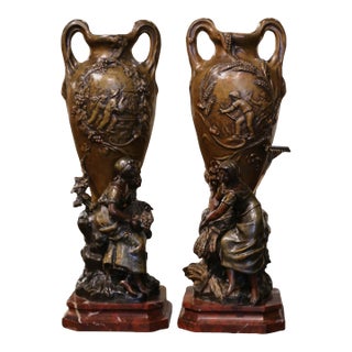 Pair of 19th Century French Verdigris Spelter Harvest Vases Signed Moreau For Sale
