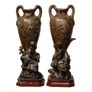 Pair of 19th Century French Verdigris Spelter Harvest Vases Signed Moreau