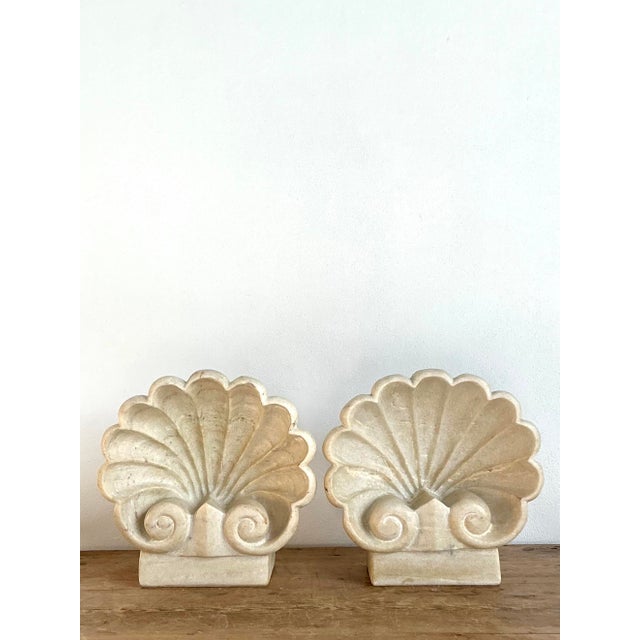 Late 20th Century Vintage Boho Carved Stone Clam Shell Fonts - A Pair. X. For Sale - Image 5 of 8