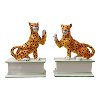 1980's Italian Standing Leopard Majolica Bookends - a Pair For Sale