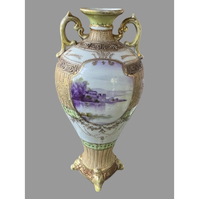 Ceramic Antique Hand Painted Nippon Porcelain Floral Enamel Decorated Vase For Sale - Image 7 of 12