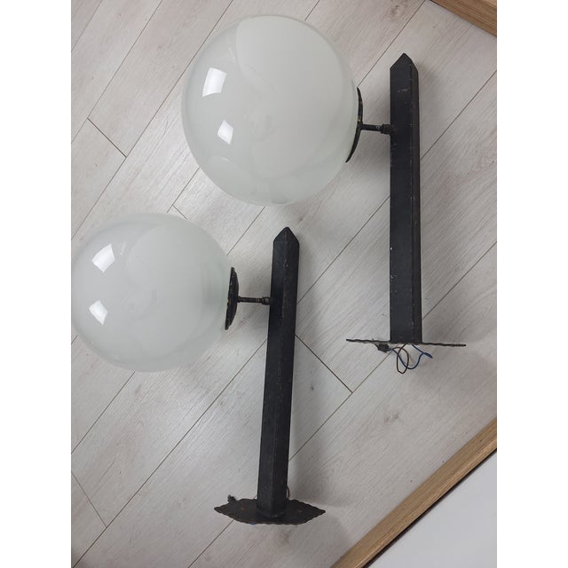 Wall Lamps in Black Lacquered Iron and Brass with Etched Glass Sphere, 1950s, Set of 2 For Sale - Image 11 of 17