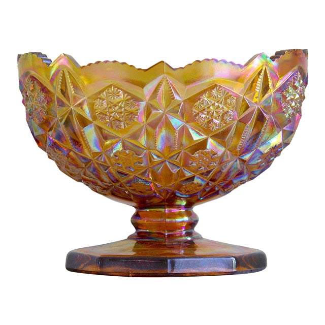 Vintage l.e. Smith Heritage Amber Carnival Glass Oval Pedestal Compote Bowl For Sale