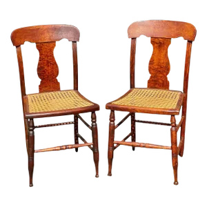 Early 19th Century Antique Pair of Birds Eye Maple Country Chairs