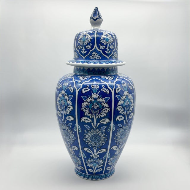 2020s Handmade Ceramic Lidded Jar (30cm) The Shah Vase Cobalt Blue Ground and White Floral Panels For Sale - Image 5 of 7