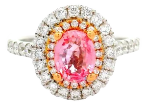 1.15 Carat Padparadscha Sapphire Diamond 18k White Gold Double Halo Ring, Gia, Size 6