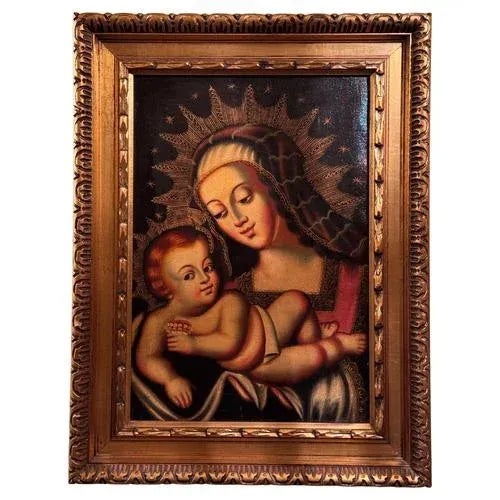 Spanish-American Viceregal School Artist, Virgin and Child, Oil on Canvas, 19th Century For Sale - Image 5 of 5