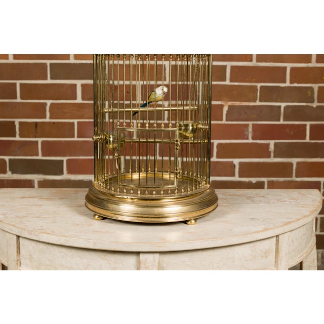 French Midcentury Brass Circular Birdcage with Decorative Bird For Sale - Image 9 of 11