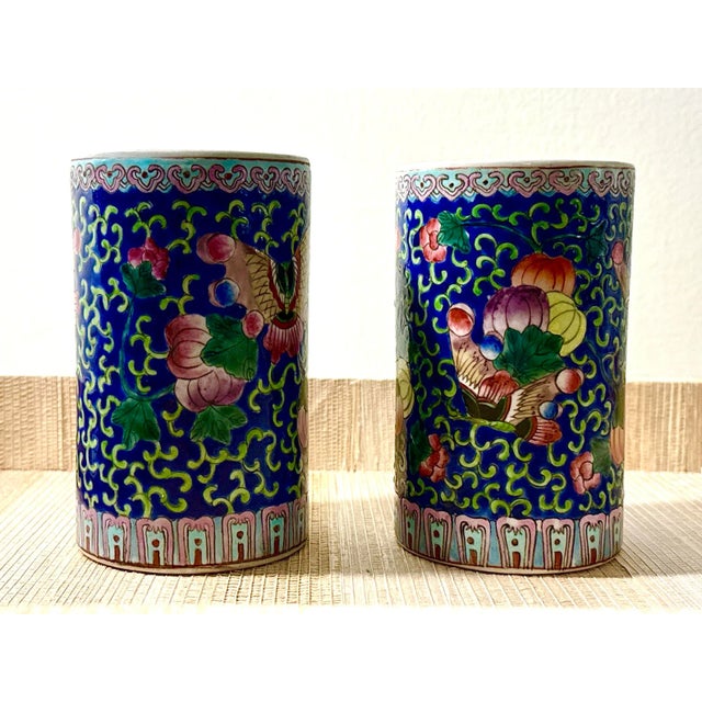 Chinese Hand Painted Brush Pots - A Pair For Sale - Image 10 of 12