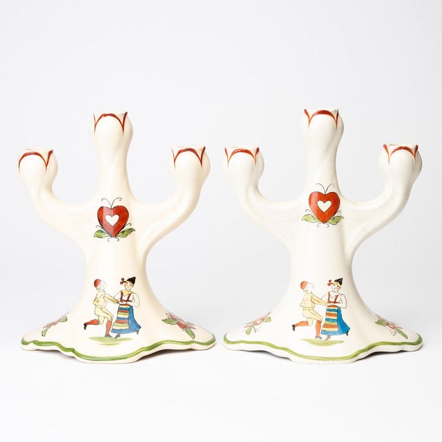 Folk Art Rörstrand Daldansen Folk Art Candelabra Pair, Swedish Mid-Century For Sale - Image 3 of 12