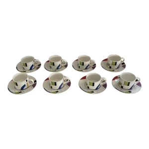 2000s Sango Post Modern Geometric Design China Coffee / Tea Cups With Matching Saucers Set- 16 Pieces